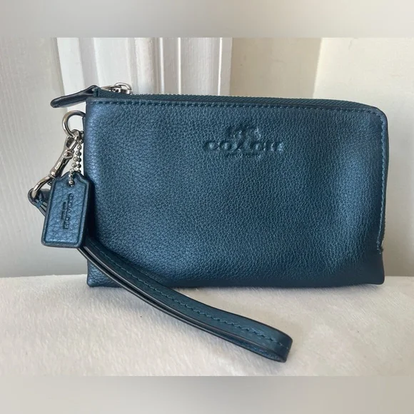 Coach Teal Blue Double Zip Leather Wristlet via - Picture 10 of 12